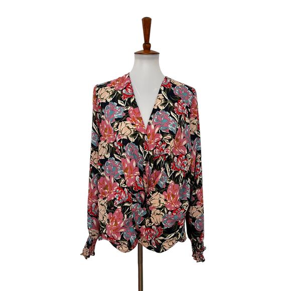 Leyden Tops - Leyden Womens Faux Wrap Floral Blouse Long Sleeve Pink L Large